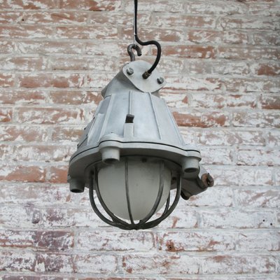 Vintage Industrial Pendant Lamp in Gray Metal and Frosted Glass from GAL, France-BLS-1745944