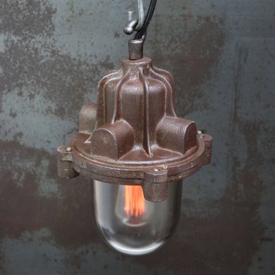 Vintage Industrial Rust Cast Iron Clear Glass Pendant by Industria Rotterdam-BLS-2042126