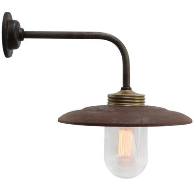 Vintage Industrial Rust Iron and Brass Glass Sconce with Clear Striped Glass Bulb-BLS-1756734