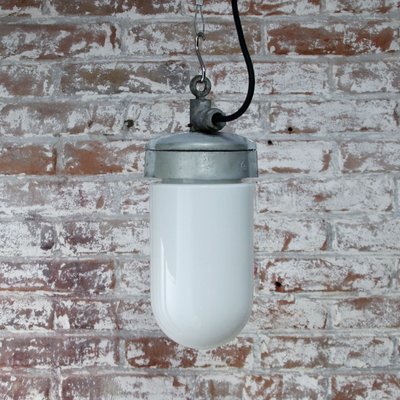 Vintage Industrial White Opaline Glass and Metal Pendant Lamp from Industria Rotterdam-BLS-564570