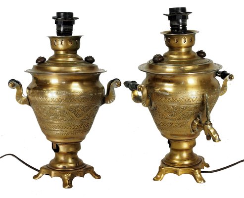 Vintage Islamic Engraved Brass Samovar Table Lamp-UZN-1393492