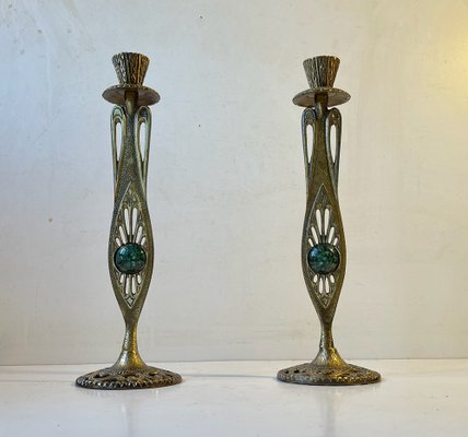 Vintage Israelian Holyland Brass Candlesticks with Green Eliats from Tamar, 1970s, Set of 2-LCR-1189887