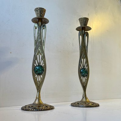 Vintage Israelian Holyland Brass Candlesticks with Green Eliats from Tamar, 1970s, Set of 2-LCR-1189887