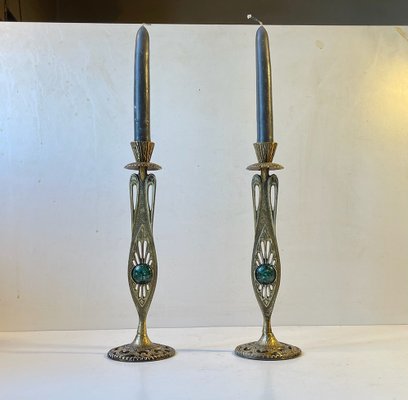 Vintage Israelian Holyland Brass Candlesticks with Green Eliats from Tamar, 1970s, Set of 2-LCR-1189887