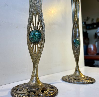 Vintage Israelian Holyland Brass Candlesticks with Green Eliats from Tamar, 1970s, Set of 2-LCR-1189887