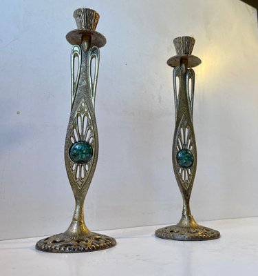 Vintage Israelian Holyland Brass Candlesticks with Green Eliats from Tamar, 1970s, Set of 2-LCR-1189887