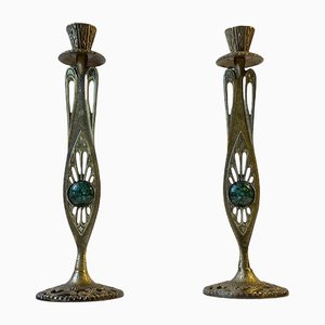 Vintage Israelian Holyland Brass Candlesticks with Green Eliats from Tamar, 1970s, Set of 2-LCR-1189887