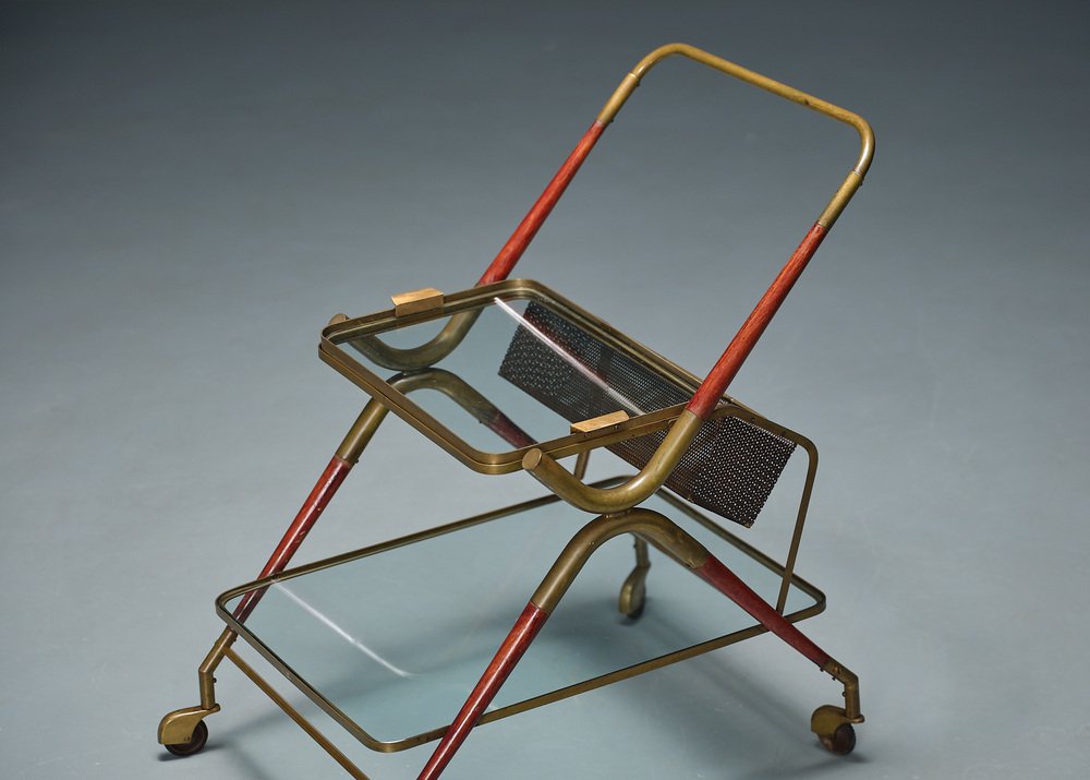 Vintage Italian Bar Cart in Brass and Lacquered Wood by Cesare Lacca, 1950