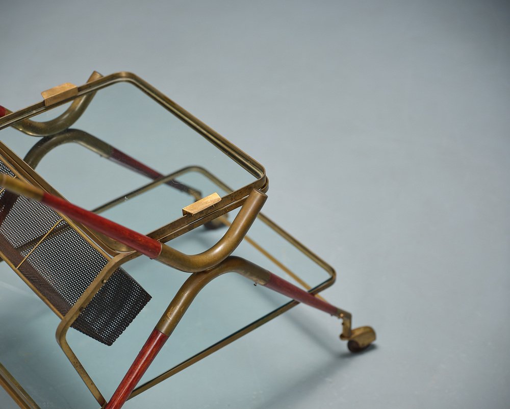 Vintage Italian Bar Cart in Brass and Lacquered Wood by Cesare Lacca, 1950