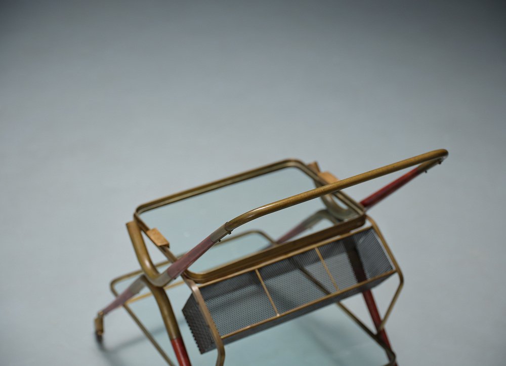 Vintage Italian Bar Cart in Brass and Lacquered Wood by Cesare Lacca, 1950