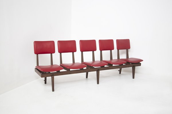 Vintage Italian Bench with 5 Red Leather Seats-RCE-1328859