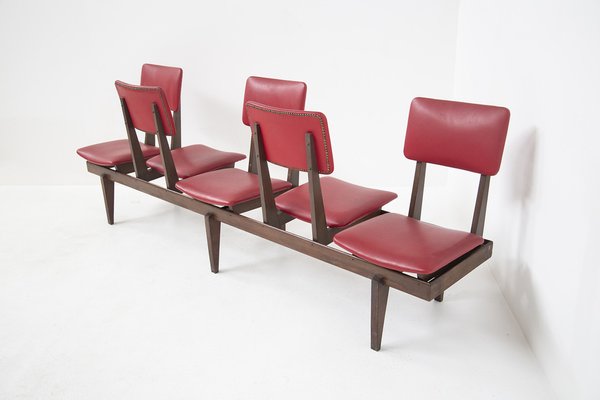 Vintage Italian Bench with 5 Red Leather Seats-RCE-1328859