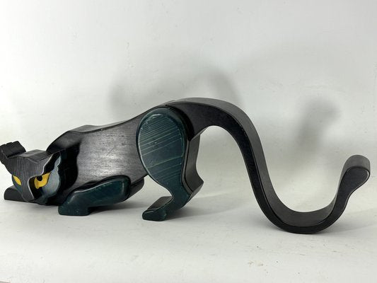 Vintage Italian Black Panther Sculpture in Thick Wood, Italy, 1980s-OT-1822146