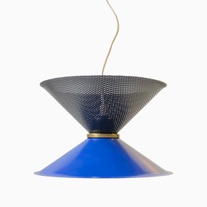 Vintage Italian Blue Diablo Pendant Ceiling Lamp with Brass Disc, 1970s-LCR-1405547