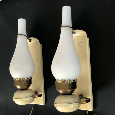 Vintage Italian Brass and Opaline Sconces, 1950s, Set of 2-OT-829903