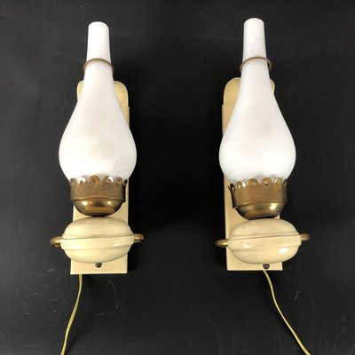 Vintage Italian Brass and Opaline Sconces, 1950s, Set of 2-OT-829903