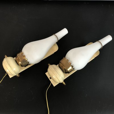 Vintage Italian Brass and Opaline Sconces, 1950s, Set of 2-OT-829903