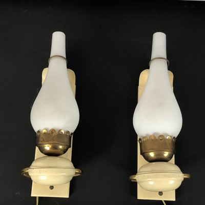 Vintage Italian Brass and Opaline Sconces, 1950s, Set of 2-OT-829903