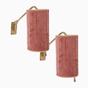 Vintage Italian Brass and Pink Velvet Wall Lamps, 1950s, Set of 2-RCE-1803072