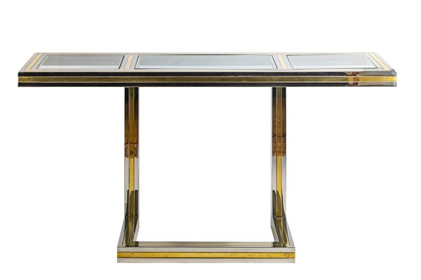 Vintage Italian Brass, Chrome, and Glass Console Table-ZVH-562761