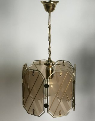 Vintage Italian Brass & White and Smoked Glass Ceiling Lamp from Giemme, 1970s-RWZ-1151179