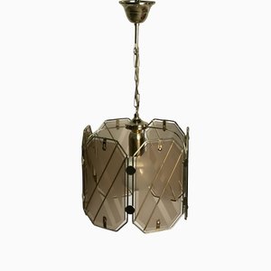 Vintage Italian Brass & White and Smoked Glass Ceiling Lamp from Giemme, 1970s-RWZ-1151179