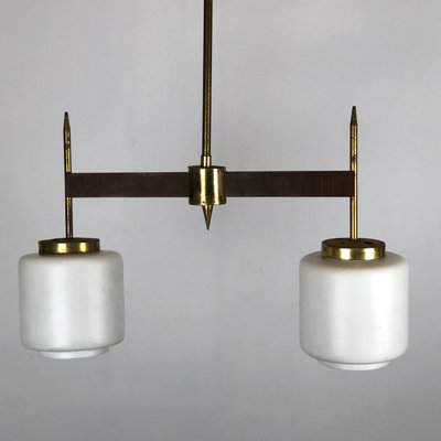 Vintage Italian Brass, Wood & Opaline Chandelier, 1950s-OT-847105