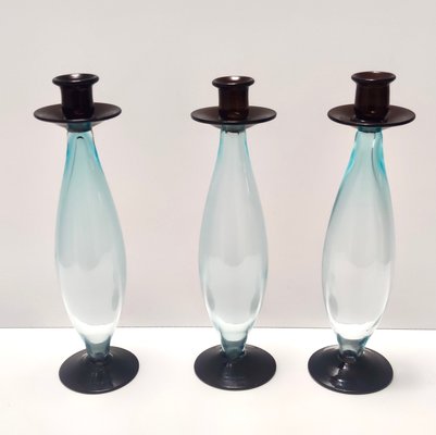 Vintage Italian Candleholders in Aquamarine and Brown Murano Glass, 1980s, Set of 3-JPQ-2024782