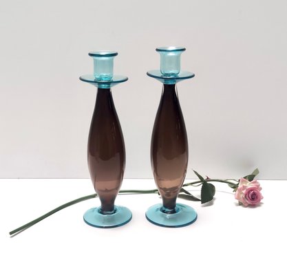 Vintage Italian Candleholders in Brown and Aquamarine Murano Glass, 1980s, Set of 2-JPQ-2027163