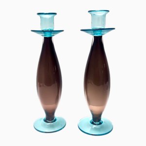 Vintage Italian Candleholders in Brown and Aquamarine Murano Glass, 1980s, Set of 2-JPQ-2027163