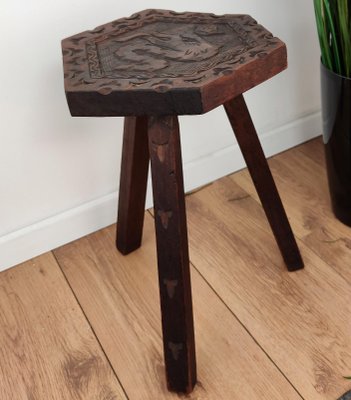 Vintage Italian Carved Wood Tripod Primitive Farm Milking Stool-EUP-876726