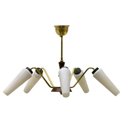 Vintage Italian Chandelier with Five Arms and Wooden Details from Stilnovo, 1960s-MJY-1150400