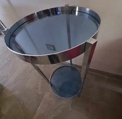 Vintage Italian Chrome & Blue Glass Table, 1970s-HIT-1231120