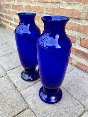 Vintage Italian Cobalt Blue Murano Glass Vases, Set of 2-NOU-928938