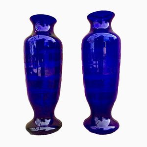 Vintage Italian Cobalt Blue Murano Glass Vases, Set of 2-NOU-928938