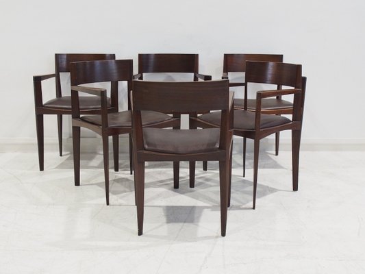 Vintage Italian Dark Brown Wood and Faux Leather Dining Chairs, 1960s, Set of 6-ZYF-2028125