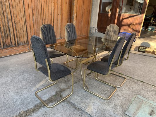 Vintage Italian Dining Chairs and Table in Brass, 1970s, Set of 7-OXJ-1235969