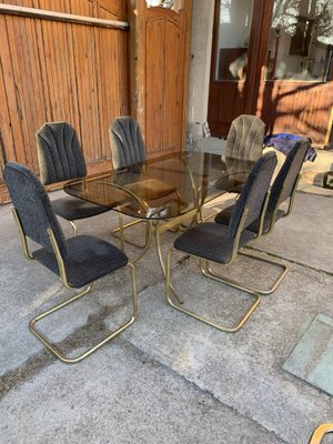 Vintage Italian Dining Chairs and Table in Brass, 1970s, Set of 7-OXJ-1235969