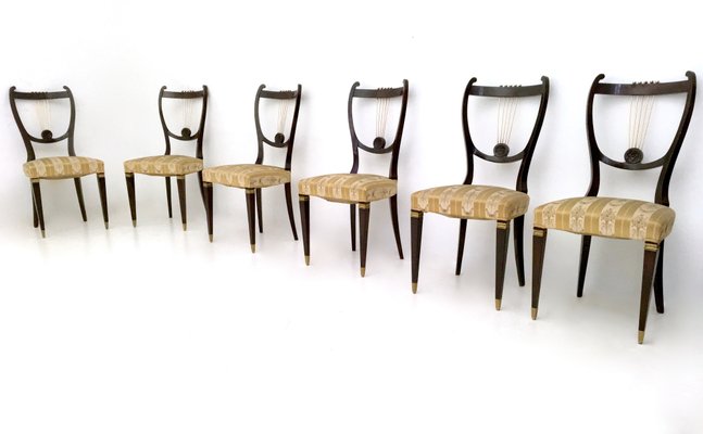 Vintage Italian Dining Chairs in Beech and Brass with Goldenrod Fabric, 1940s, Set of 6-JPQ-2020027