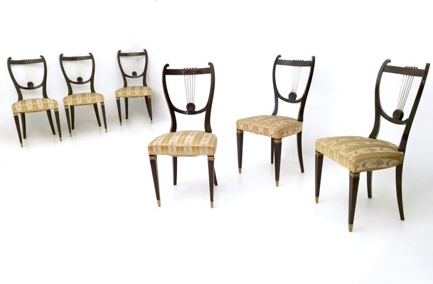 Vintage Italian Dining Chairs in Beech and Brass with Goldenrod Fabric, 1940s, Set of 6-JPQ-2020027