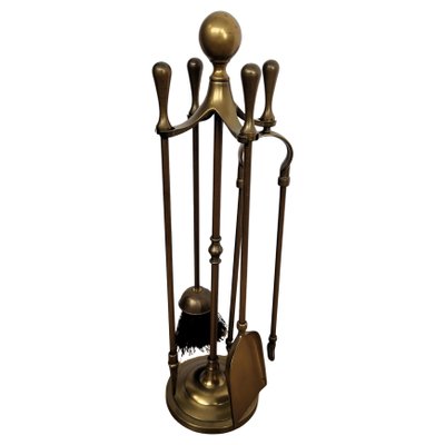 Vintage Italian Four-Piece Brass Fireplace Tool Set with Stand, 1980s, Set of 4-EUP-1806555