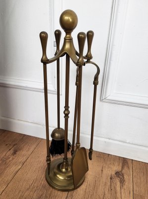 Vintage Italian Four-Piece Brass Fireplace Tool Set with Stand, 1980s, Set of 4-EUP-1806555