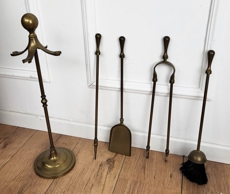 Vintage Italian Four-Piece Brass Fireplace Tool Set with Stand, 1980s, Set of 4-EUP-1806555