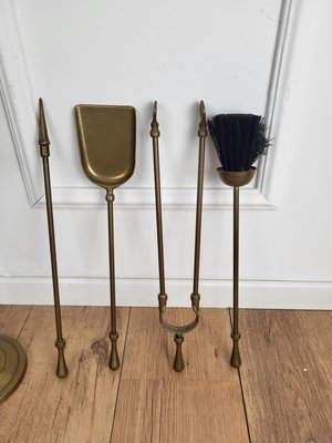 Vintage Italian Four-Piece Brass Fireplace Tool Set with Stand, 1980s, Set of 4-EUP-1806555