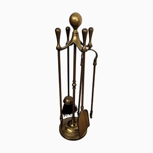 Vintage Italian Four-Piece Brass Fireplace Tool Set with Stand, 1980s, Set of 4-EUP-1806555