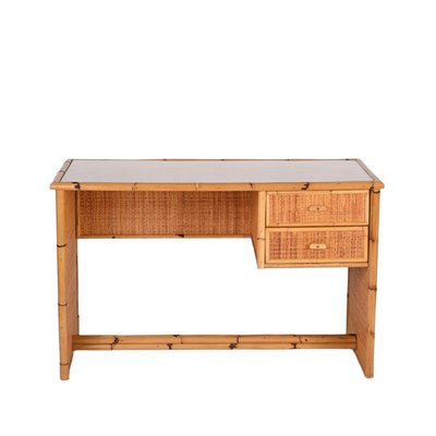 Vintage Italian Glass, Bamboo & Wicker Desk with Drawers, 1980s-JDR-1399549