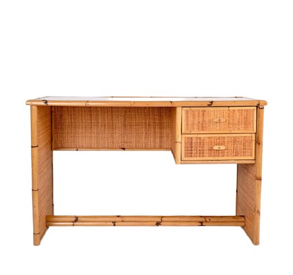 Vintage Italian Glass, Bamboo & Wicker Desk with Drawers, 1980s-JDR-1399549