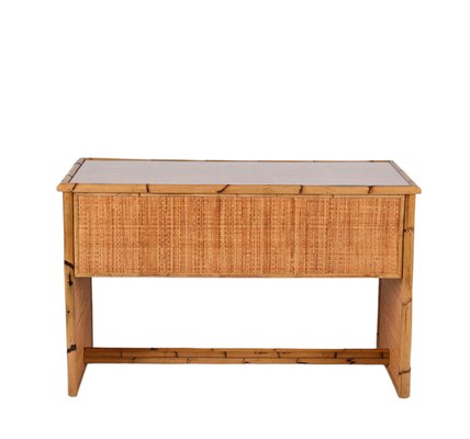 Vintage Italian Glass, Bamboo & Wicker Desk with Drawers, 1980s-JDR-1399549