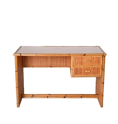 Vintage Italian Glass, Bamboo & Wicker Desk with Drawers, 1980s-JDR-1399549