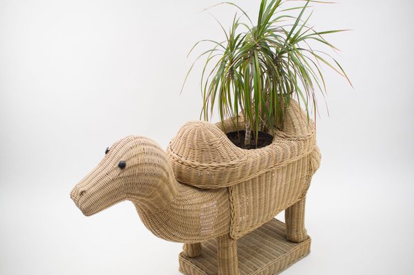 Vintage Italian Handmade Rattan Camel Planter, 1960s-KQB-1071359